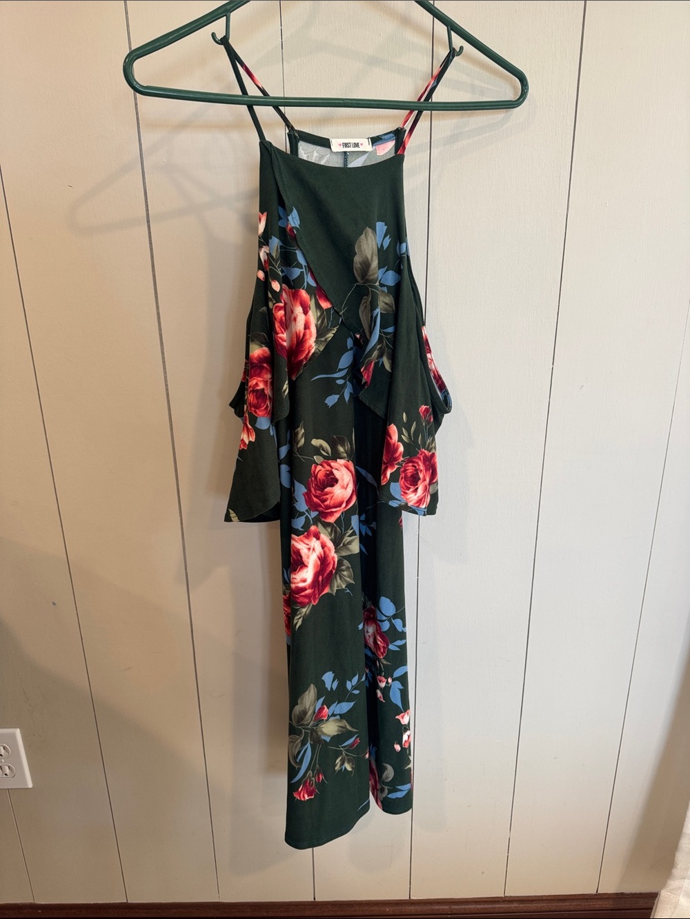 First Love Dark Green Floral Cold-Shoulder Jumpsuit with Red Rose Print